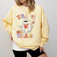 Groovy Halloween Trick Or Teach Retro Floral Ghost Teacher Comfort Colors Sweatshirt Butter