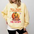Will Trade Students For Candy Teacher Cute Halloween Pumpkin Comfort Colors Sweatshirt Butter