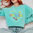 Preschool Teacher Pre-K Heart First Day Of Preschool Kids Comfort Colors Sweatshirt Chalky Mint Preschool Teacher Pre-K Heart First Day Of Preschool Kids Comfort Colors Sweatshirt Chalky Mint