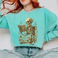 Skeleton Book Floral Skull Halloween Teacher Costume Comfort Colors Sweatshirt Chalky Mint