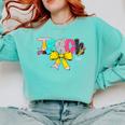 Teach Coquette Bow Teacher Back To School Happy First Day Comfort Colors Sweatshirt Chalky Mint Teach Coquette Bow Teacher Back To School Happy First Day Comfort Colors Sweatshirt Chalky Mint