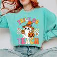 Trick Or Teach Cute Ghost Coffee Pumpkins Halloween Teacher Comfort Colors Sweatshirt Chalky Mint