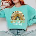 Wild About Reading Teacher Back To School Leopard Rainbow Comfort Colors Sweatshirt Chalky Mint