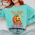 Will Trade Students For Candy Teacher Cute Halloween Pumpkin Comfort Colors Sweatshirt Chalky Mint