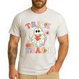 Groovy Halloween Trick Or Teach Retro Floral Ghost Teacher Men's Casual T-Shirt White Groovy Halloween Trick Or Teach Retro Floral Ghost Teacher Men's Casual T-Shirt White