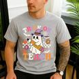 Retro Floral Ghost Trick Or Teach Groovy Teacher Halloween Men's Casual T-Shirt Sport Grey