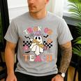 Trick Or Teach Groovy Teacher Halloween Retro Floral Ghost Men's Casual T-Shirt Sport Grey