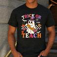 Retro Floral Ghost Trick Or Teach Groovy Teacher Halloween Men's Casual T-Shirt Dark Grey