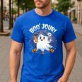 Boo Jour Ghost Halloween French Teacher Cute Coffe Croissant Men's Casual T-Shirt Royal Blue