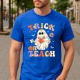 Groovy Halloween Trick Or Teach Retro Floral Ghost Teacher Men's Casual T-Shirt Royal Blue Groovy Halloween Trick Or Teach Retro Floral Ghost Teacher Men's Casual T-Shirt Royal Blue