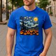 Halloween Pumpkin Starry Night Van Gogh Art Teacher Men's Casual T-Shirt Royal Blue Halloween Pumpkin Starry Night Van Gogh Art Teacher Men's Casual T-Shirt Royal Blue