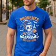 Halloween Skeleton Teacher Phonemes Graphemes Caffeine Lover Men's Casual T-Shirt Royal Blue Halloween Skeleton Teacher Phonemes Graphemes Caffeine Lover Men's Casual T-Shirt Royal Blue