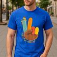 One Thankful Teacher Thanksgiving Turkey Peace Hand Sign Men's Casual T-Shirt Royal Blue One Thankful Teacher Thanksgiving Turkey Peace Hand Sign Men's Casual T-Shirt Royal Blue