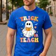 Retro Vintage Groovy Trick Or Teach Teacher Halloween For Men Women Kids Men's Casual T-Shirt Royal Blue Retro Vintage Groovy Trick Or Teach Teacher Halloween For Men Women Kids Men's Casual T-Shirt Royal Blue
