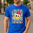 Santas Favorite Teacher Retro Groovy Smile Face Christmas Men's Casual T-Shirt Royal Blue Santas Favorite Teacher Retro Groovy Smile Face Christmas Men's Casual T-Shirt Royal Blue