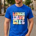 Soul Bleach Teacher Staff First Day Of School Last Hugs & High Fives Lunch Lady Vibes Blue Classic Fit Men's Casual T-Shirt Royal Blue Soul Bleach Teacher Staff First Day Of School Last Hugs & High Fives Lunch Lady Vibes Blue Classic Fit Men's Casual T-Shirt Royal Blue