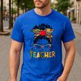 Teacher Life Messy Bun Glasses Leopard Sunflower Men's Casual T-Shirt Royal Blue