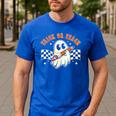 Trick Or Teach Groovy Retro Ghost Halloween Teacher Kids Men's Casual T-Shirt Royal Blue Trick Or Teach Groovy Retro Ghost Halloween Teacher Kids Men's Casual T-Shirt Royal Blue