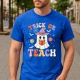 Trick Or Teach Teacher Groovy Ghost Halloween Teacher Men's Casual T-Shirt Royal Blue