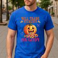 Will Trade Students For Candy Teacher Cute Halloween Pumpkin Men's Casual T-Shirt Royal Blue