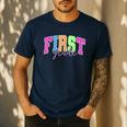 Back To School Neon Checkered First Grade Colorful Teacher Men's Casual T-Shirt Navy Back To School Neon Checkered First Grade Colorful Teacher Men's Casual T-Shirt Navy