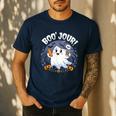 Boo Jour Ghost Halloween French Teacher Cute Coffe Croissant Men's Casual T-Shirt Navy