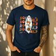 Booooks Ghost Halloween Groovy Vintage Teacher Book Reading Men's Casual T-Shirt Navy Booooks Ghost Halloween Groovy Vintage Teacher Book Reading Men's Casual T-Shirt Navy