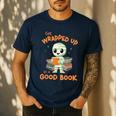 Cute Halloween Teacher Librarian Mummy Reading Books Men's Casual T-Shirt Navy