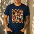 Fall In Love With Music Groovy Thanksgiving Music Teacher Men Women Girls Kids Men's Casual T-Shirt Navy