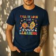 Groovy Fall In Love With Learning Autumn Pumpkin Teacher Men's Casual T-Shirt Navy