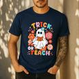 Groovy Halloween Trick Or Teach Retro Floral Ghost Teacher For Men Women Kids Men's Casual T-Shirt Navy Groovy Halloween Trick Or Teach Retro Floral Ghost Teacher For Men Women Kids Men's Casual T-Shirt Navy