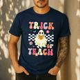 Groovy Teacher Halloween Retro Trick Or Teach Floral Ghost Men's Casual T-Shirt Navy Groovy Teacher Halloween Retro Trick Or Teach Floral Ghost Men's Casual T-Shirt Navy