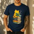 Kawaii Cats Lover Coffee Books Teacher Librarian Cat Men's Casual T-Shirt Navy Kawaii Cats Lover Coffee Books Teacher Librarian Cat Men's Casual T-Shirt Navy