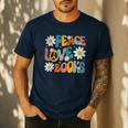 Peace Love Books Bookworm Librarian Reading Teacher Groovy Men's Casual T-Shirt Navy Peace Love Books Bookworm Librarian Reading Teacher Groovy Men's Casual T-Shirt Navy