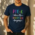Pre-K Teacher Adventure Begins First Day Preschool Teachers Men's Casual T-Shirt Navy Pre-K Teacher Adventure Begins First Day Preschool Teachers Men's Casual T-Shirt Navy