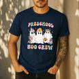 Preschool Boo Crew Groovy Halloween Floral Ghost Teacher Men Women Kids Men's Casual T-Shirt Navy Preschool Boo Crew Groovy Halloween Floral Ghost Teacher Men Women Kids Men's Casual T-Shirt Navy