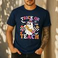 Retro Floral Ghost Trick Or Teach Groovy Teacher Halloween Men's Casual T-Shirt Navy