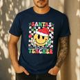 Santas Favorite Teacher Retro Groovy Smile Face Christmas Men's Casual T-Shirt Navy Santas Favorite Teacher Retro Groovy Smile Face Christmas Men's Casual T-Shirt Navy