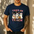 Teacher Halloween Trick Or Teach Cute Ghost Coffee Pumpkins Men's Casual T-Shirt Navy Teacher Halloween Trick Or Teach Cute Ghost Coffee Pumpkins Men's Casual T-Shirt Navy