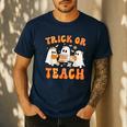 Teacher Halloween Trick Or Teach Retro Groovy Floral Ghost Men's Casual T-Shirt Navy Teacher Halloween Trick Or Teach Retro Groovy Floral Ghost Men's Casual T-Shirt Navy