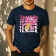 Teacher Pencil Back To School Groovy Pink Teacher First Day Men's Casual T-Shirt Navy