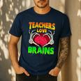 Teacher Teachers Love Brains Skeleton Hand Heart Halloween Men's Casual T-Shirt Navy