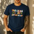 Teaching Is My Superpower Vintage Groovy University Teacher Men's Casual T-Shirt Navy