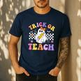 Trick Or Teach Groovy Halloween Teachers Men's Casual T-Shirt Navy Trick Or Teach Groovy Halloween Teachers Men's Casual T-Shirt Navy