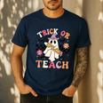 Trick Or Teach Groovy Teacher Halloween Retro Floral Ghost Men's Casual T-Shirt Navy