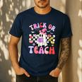 Trick Or Teach Halloween Teacher Floral Ghost Groovy Men's Casual T-Shirt Navy