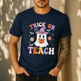 Trick Or Teach Teacher Groovy Ghost Halloween Teacher Men's Casual T-Shirt Navy