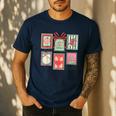 Vintage Preppy Very Merry Teacher Santa Stamps Christmas Men's Casual T-Shirt Navy Vintage Preppy Very Merry Teacher Santa Stamps Christmas Men's Casual T-Shirt Navy
