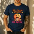 Will Trade Students For Candy Teacher Cute Halloween Pumpkin Men's Casual T-Shirt Navy