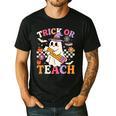 Retro Floral Ghost Trick Or Teach Groovy Teacher Halloween Men's Casual T-Shirt Black